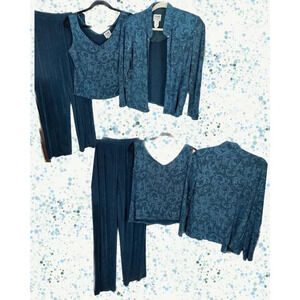 R&M Richards 10P Teal Beaded Sparkle Swirl Jacket-Tank-Pants 3 PC Evening Suit
